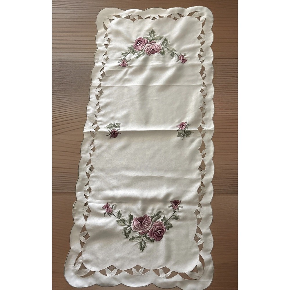 Dutch Novelties European Imports Embroidered CutOut Creme Silky Tablecloths TWO